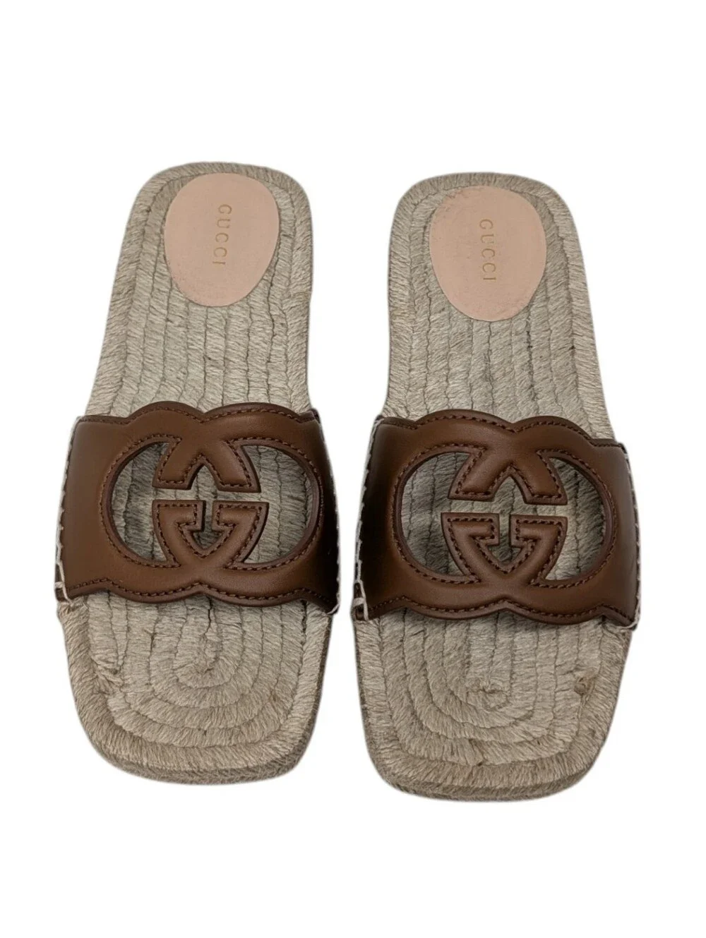 Gucci Interlocking G Brown Leather Espadrilles Flat Slide Sandals Size EU 38